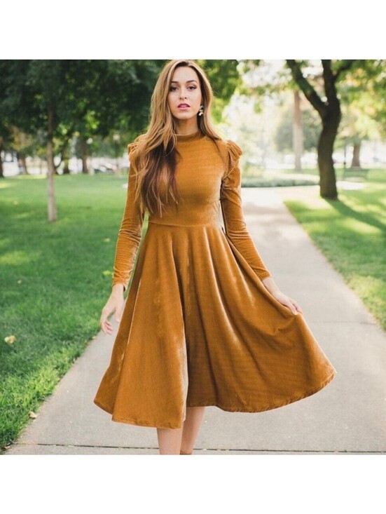 Ivy City Co Dresses & Skirts - Ivy City Co La La Lady Velvet Ruffle Sleeve Full Skirt Midi Dress Gold Size XL